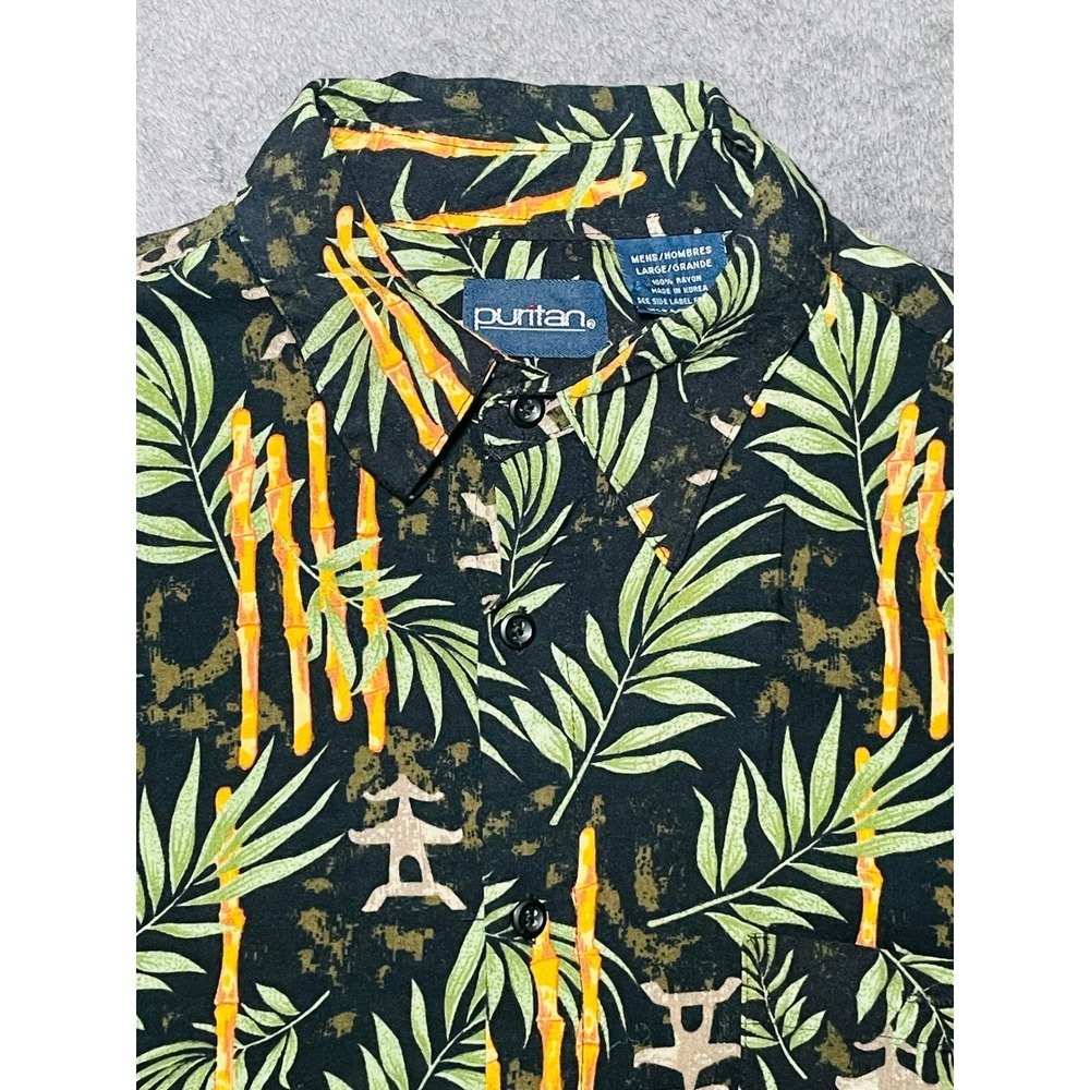 Puritan Shirt Mens L 1980s Vintage Tropical Bamboo Rayon Short Sleeve Black